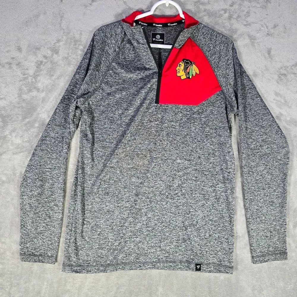 Fanatics Chicago Blackhawks NHL Sweater Mens Small Gray 1/4  Zip Pullover LS‎